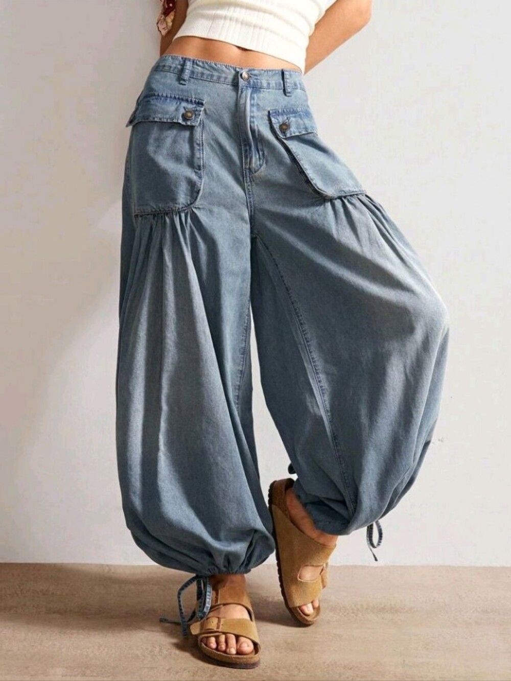 Denim Bohemian Solid Color Woven Long Jeans, Autumn/Winter, Western